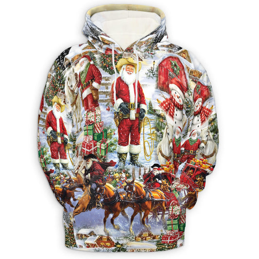 Netecom Cowboy Santa Christmas 3D Hoodie with Front Pocket, Unisex Casual All Over Vintage Holiday Graphic Sweatshirt
