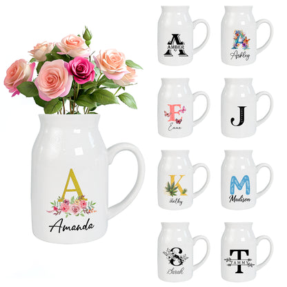 Netecom Custom Initial and Name Ceramic Jug, Modern Floral Vase, Thoughtful Gift for Mother’s Day, Birthday, or Housewarming