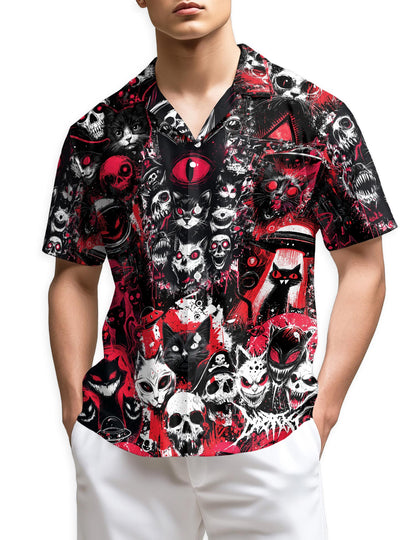 Netecom Black Cat UFO Alien Halloween Hawaiian Shirt for Men, Animal Skull Button Down Summer Beach Shirts, S-5XL