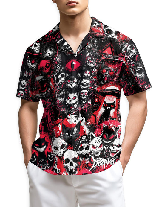 Netecom Black Cat UFO Alien Halloween Hawaiian Shirt for Men, Animal Skull Button Down Summer Beach Shirts, S-5XL