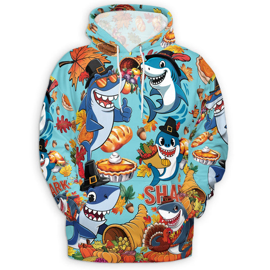 Netecom Shark Thanksgiving Print Hoodie with Front Pocket, All Over Happy Turkey Day Graphic Sweatshirt Unisex Casual