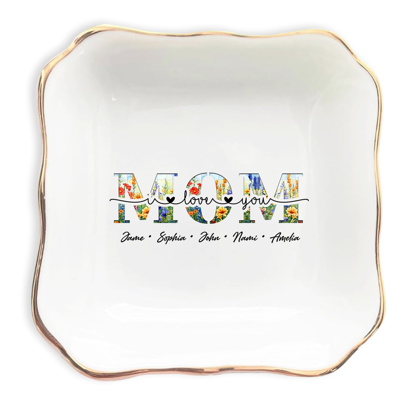 Netecom Floral "MOM" Ceramic Ring Dish with Custom Names, Heartfelt Gift for Mother's Day & Family Celebrations.