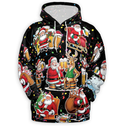 Netecom Santa Beer Lover Print Hoodie with Front Pocket, All Over Funny Christmas Drinking Graphic Sweatshirt Unisex Casual