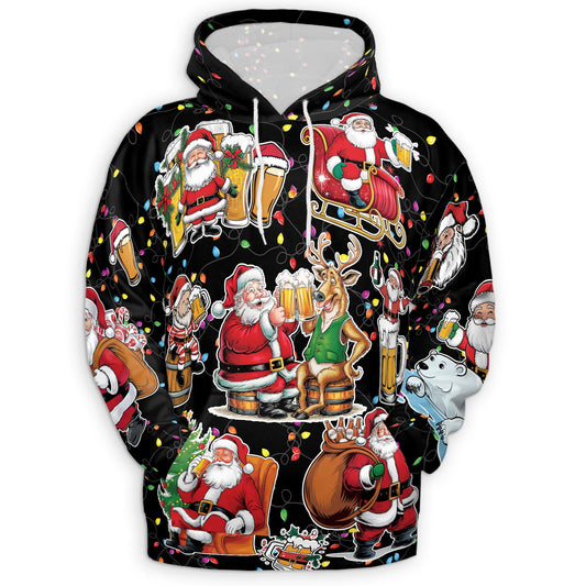 Netecom Santa Beer Lover Print Hoodie with Front Pocket, All Over Funny Christmas Drinking Graphic Sweatshirt Unisex Casual