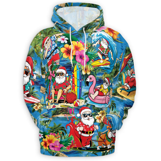 Netecom Christmas Santa Claus On The Beach Print Hoodie with Front Pocket, All Over Graphic Sweatshirt Unisex Casual