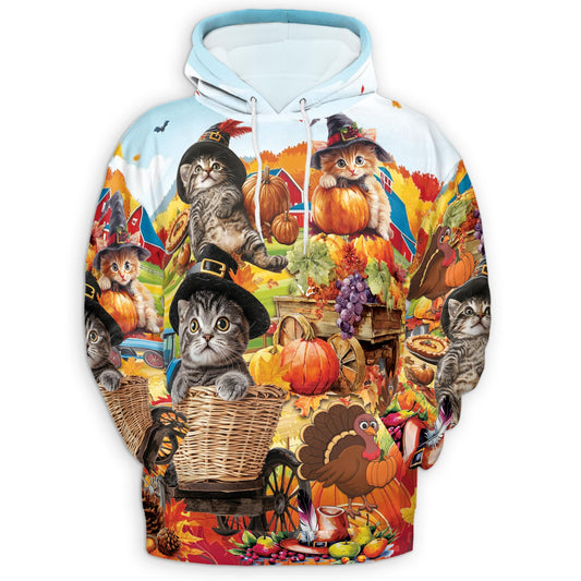 Netecom Thanksgiving Cat Print Hoodie with Front Pocket, All Over Happy Turkey Day Graphic Sweatshirt Unisex Casual