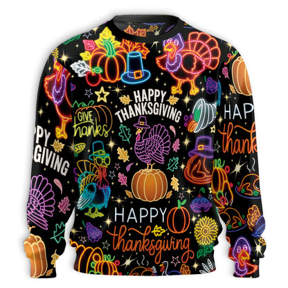 Netecom Funny Happy Turkey Day Sweatshirt 3D All Over Print, Neon Thanksgiving Design, Crewneck Pullover for Costume Party