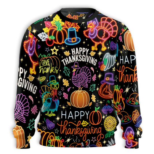 Netecom Funny Happy Turkey Day Sweatshirt 3D All Over Print, Neon Thanksgiving Design, Crewneck Pullover for Costume Party