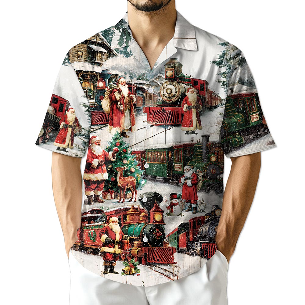 Netecom Vintage Christmas Train Hawaiian Shirt, Old-Fashioned Holiday Santa Button Down Summer Beach Short Sleeve Shirt, S-5XL
