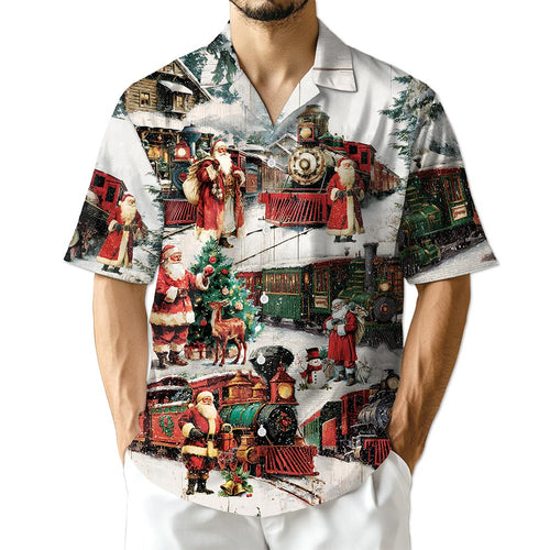 Netecom Vintage Christmas Train Hawaiian Shirt, Old-Fashioned Holiday Santa Button Down Summer Beach Short Sleeve Shirt, S-5XL