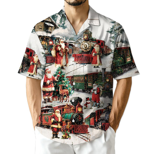 Netecom Vintage Christmas Train Hawaiian Shirt, Old-Fashioned Holiday Santa Button Down Summer Beach Short Sleeve Shirt, S-5XL