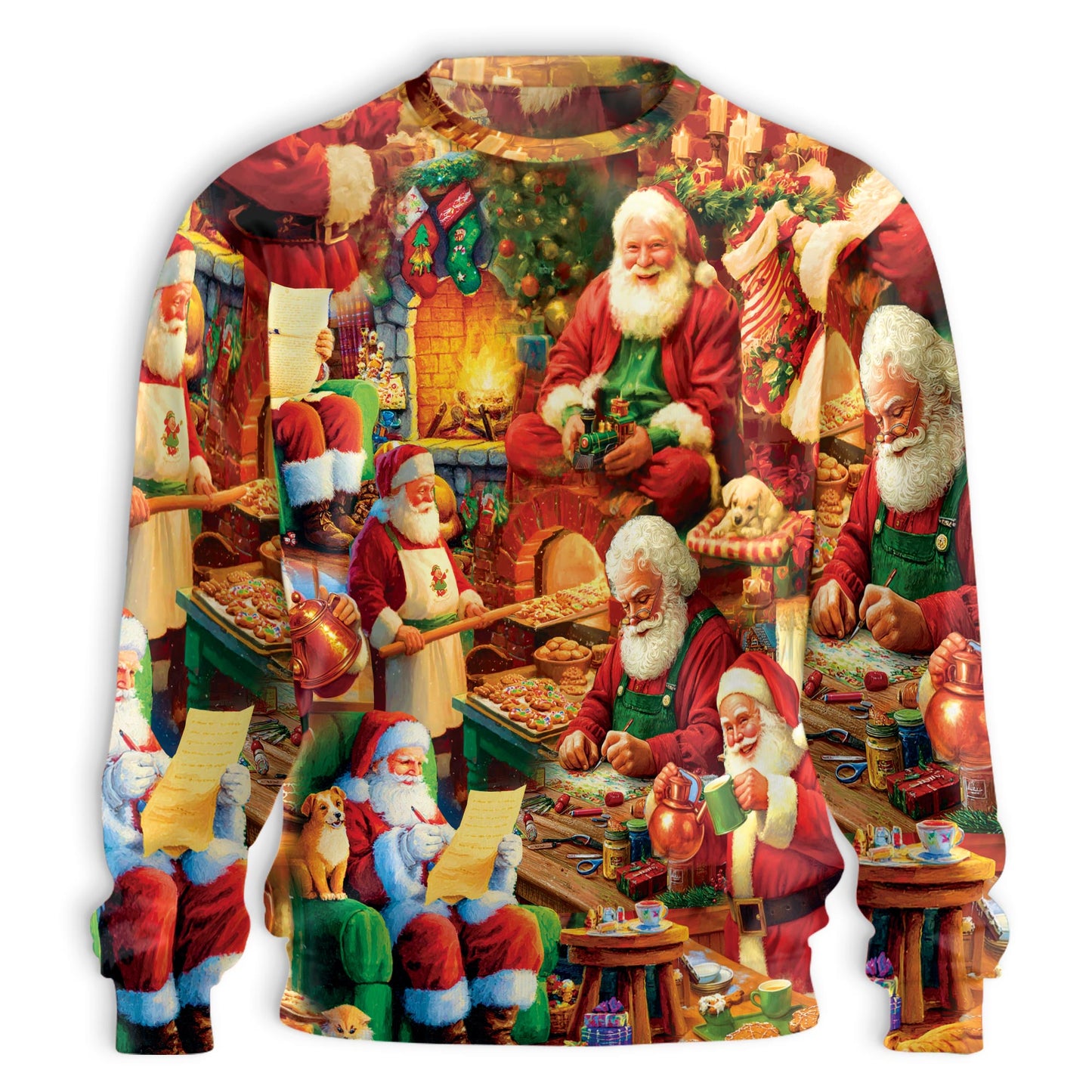 Netecom Christmas Santa Clause Sweatshirt 3D All Over Print, Holiday Fireplace Design, Crewneck Pullover for Costume Party