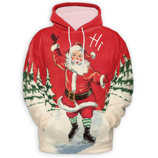 Neteco Ice Skating Santa 3D Hoodie with Front Pocket, Unisex Casual All Over Fashion Christmas Graphic Sweatshirt