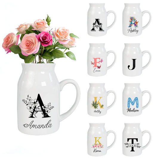 Netecom Elegant Gold Monogram Ceramic Pitcher, Personalized Floral Vase for Christmas, Weddings, or Holiday Home Decor
