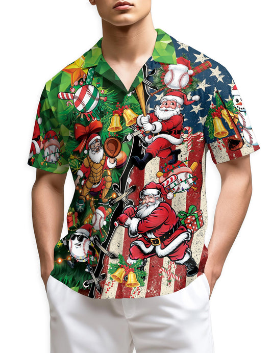 Netecom Baseball Santa USA Flag Christmas Hawaiian Shirt for Men, Funny Holiday Sport Button Down Summer Beach Shirt, S-5XL