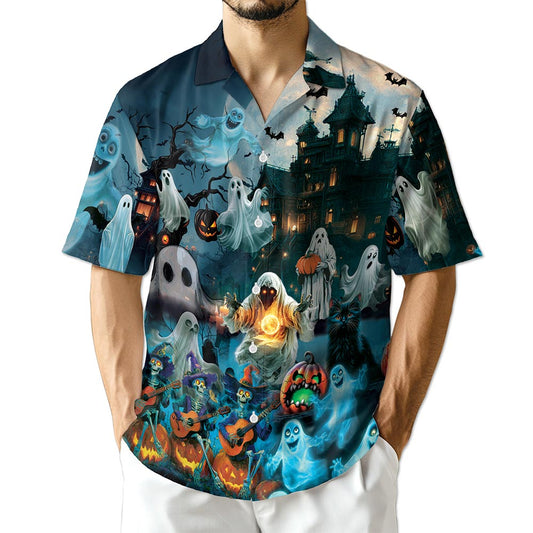 Netecom Halloween Ghost Hawaiian Shirt for Men, Ghost Skeleton Button Down Summer Beach Short Sleeve Shirts, S-5XL