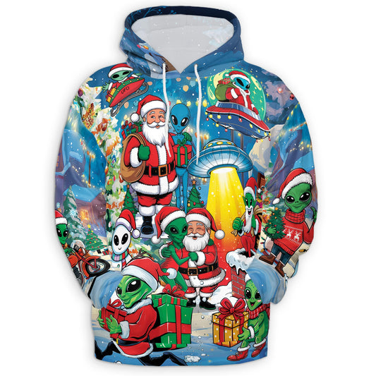 Netecom Alien and Santa Claus Christmas Print Hoodie with Front Pocket, All Over Funny UFO Graphic Sweatshirt Unisex Casual