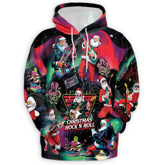 Netecom Santa Claus Rock Guitar Christmas Print Hoodie with Front Pocket, All Over Music Graphic Sweatshirt Unisex Casual
