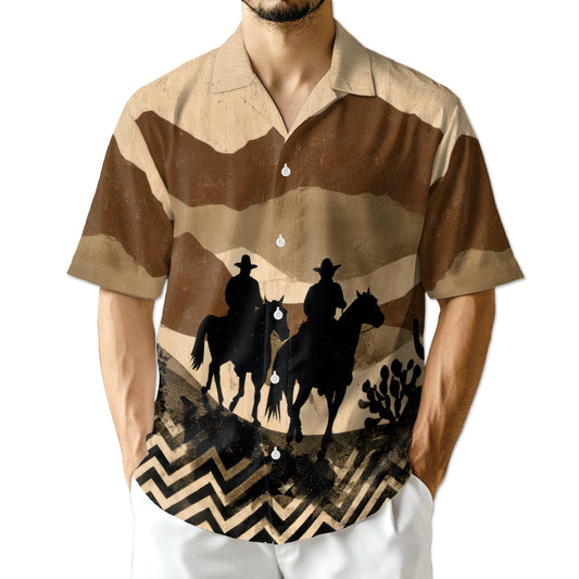 Netecom Cowboys on Horseback Hawaiian Shirt for Men, Western Desert Rider Button Down Summer Beach Short Sleeve Shirt