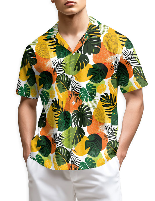 Netecom Tropical Leaf Pattern Hawaiian Shirt for Men, Abstract Jungle Botanical Print Button Down Shirt