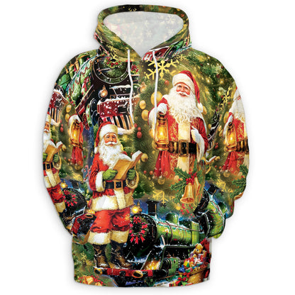 Netecom Santa Christmas Train 3D Hoodie with Front Pocket, Unisex Casual All Over Festive Graphic Sweatshirt