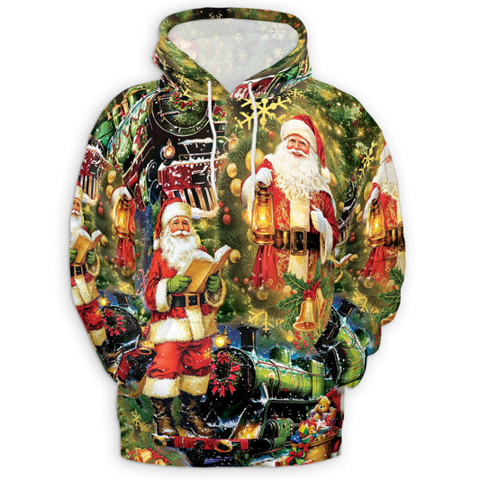 Netecom Santa Christmas Train 3D Hoodie with Front Pocket, Unisex Casual All Over Festive Graphic Sweatshirt