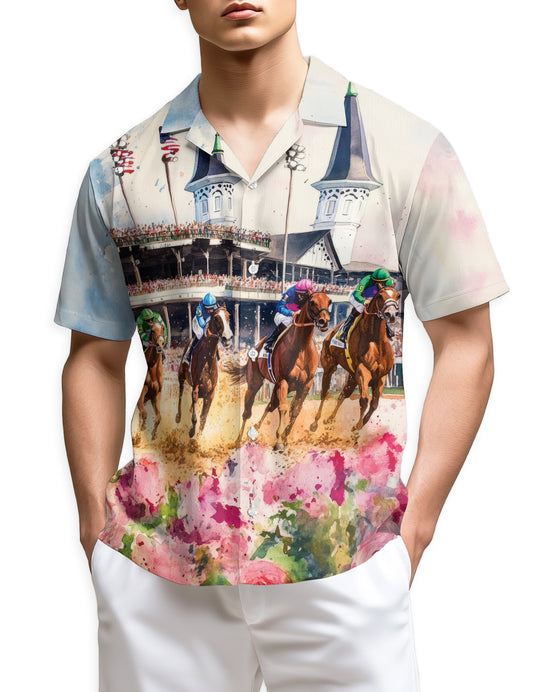 Netecom Vintage Horse Racing Hawaiian Shirt for Men, Horse Rider Button Down Summer Aloha Beach Short Sleeve Shirts