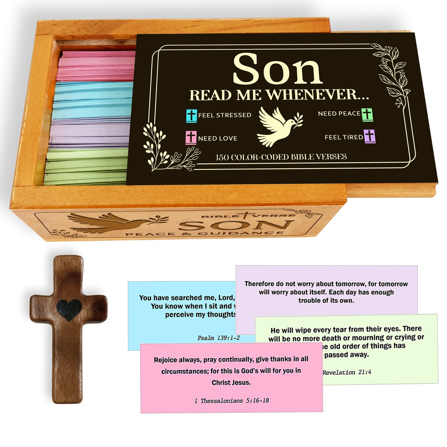 Son Bible Verses Wooden Box with Walnut Cross – 150 Color-Coded Christian Scriptures for Peace, Love, Strength & Encouragement – Perfect Gift for Sons