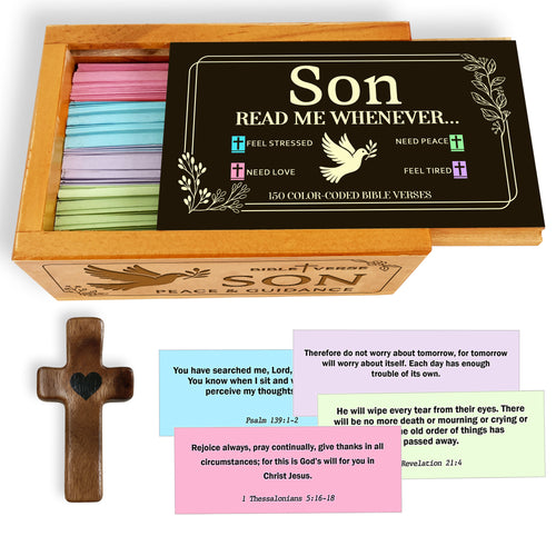 Son Bible Verses Wooden Box with Walnut Cross – 150 Color-Coded Christian Scriptures for Peace, Love, Strength & Encouragement – Perfect Gift for Sons
