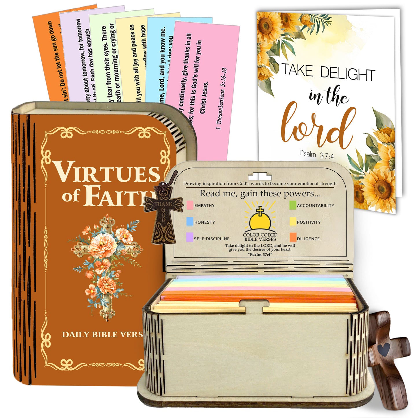Netecom Virtues Bible Verse Cards Box Set 150 pcs – Daily Inspirational Scripture Prayer Cards in Wooden Box, Christian Religious Gift with Cross for Women, Men