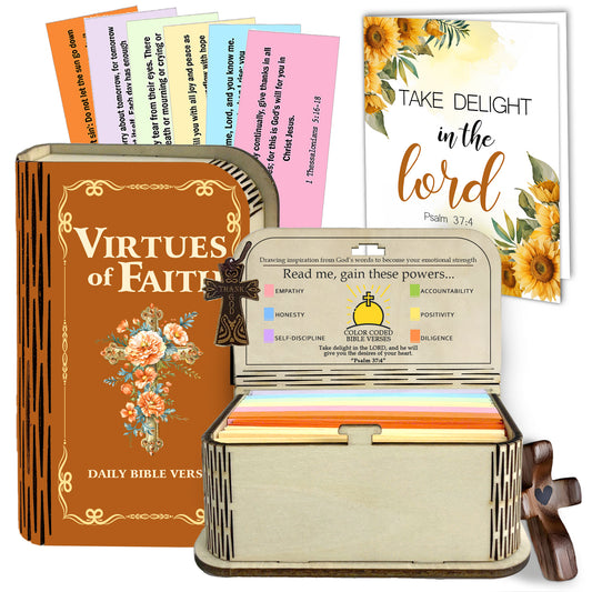 Netecom Virtues Bible Verse Cards Box Set 150 pcs – Daily Inspirational Scripture Prayer Cards in Wooden Box, Christian Religious Gift with Cross for Women, Men