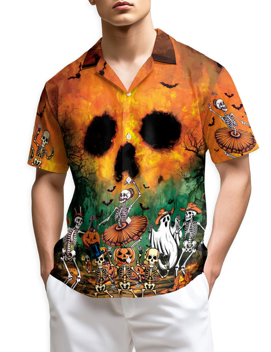 Netecom Party At Halloween Night Hawaiian Shirt for Men, Ghost Skeleton Button Down Summer Beach Short Sleeve Shirts, S-5XL