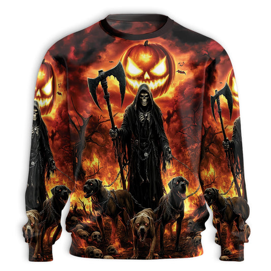 Netecom Halloween Grim Reaper Pumpkin Sweatshirt 3D All Over Print, Hellhound Dog Design, Crewneck Pullover for Costume Party