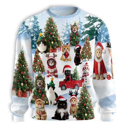 Netecom Cute Christmas Cat in Snow Sweatshirt 3D All Over Print , Winter Scenes Design, Crewneck Pullover for Costume Party
