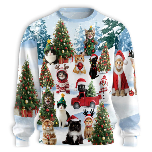 Netecom Cute Christmas Cat in Snow Sweatshirt 3D All Over Print , Winter Scenes Design, Crewneck Pullover for Costume Party