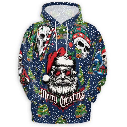 Netecom Santa Skull Christmas Print Hoodie with Front Pocket, All Over Graphic Gothic Skeleton Santa Sweatshirt Unisex Casual