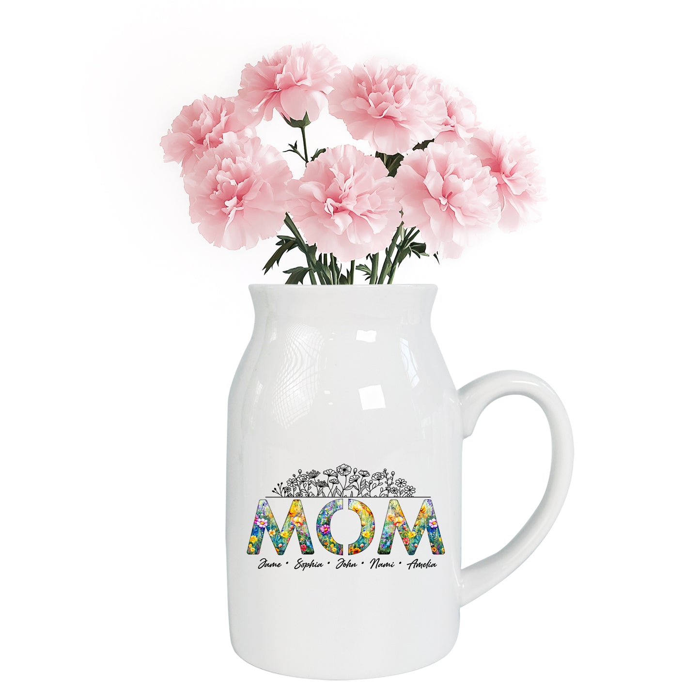 Netecom Personalized Floral "MOM" Ceramic Jug Vase with Custom Names, Unique Family Gift for Mother’s Day, Birthdays, or Holidays