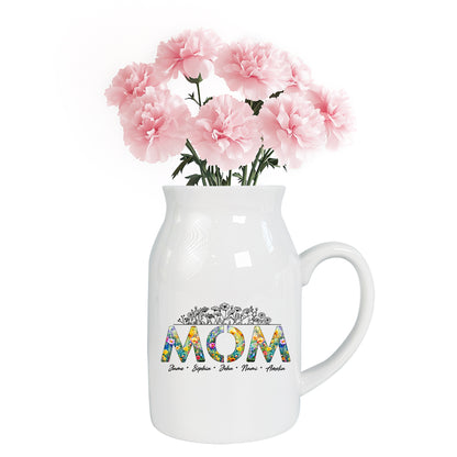 Netecom Personalized Floral "MOM" Ceramic Jug Vase with Custom Names, Unique Family Gift for Mother’s Day, Birthdays, or Holidays