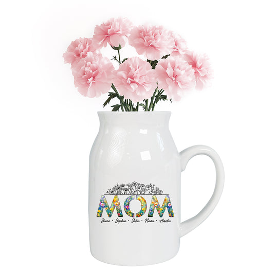 Netecom Personalized Floral "MOM" Ceramic Jug Vase with Custom Names, Unique Family Gift for Mother’s Day, Birthdays, or Holidays
