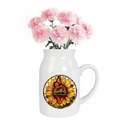 Netecom Personalized Sunflower Ceramic Jug Mug , Custom Grandkids Names and Stained Glass Flower Print , Unique Christmas or Mother's Day Gift for Grandma