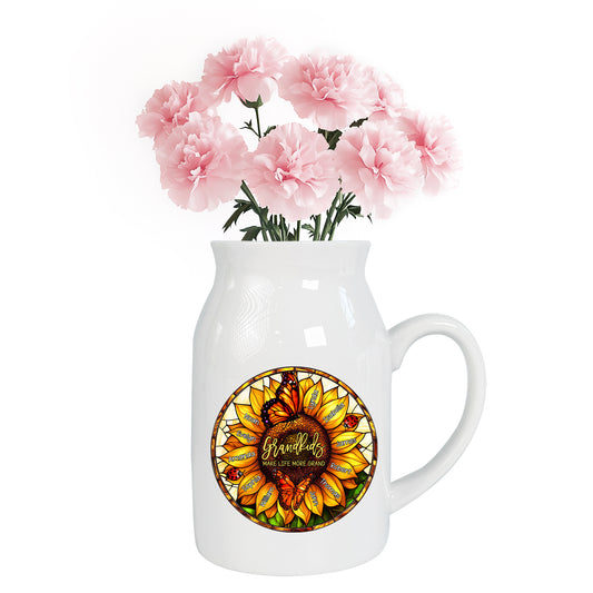 Netecom Personalized Sunflower Ceramic Jug Mug , Custom Grandkids Names and Stained Glass Flower Print , Unique Christmas or Mother's Day Gift for Grandma