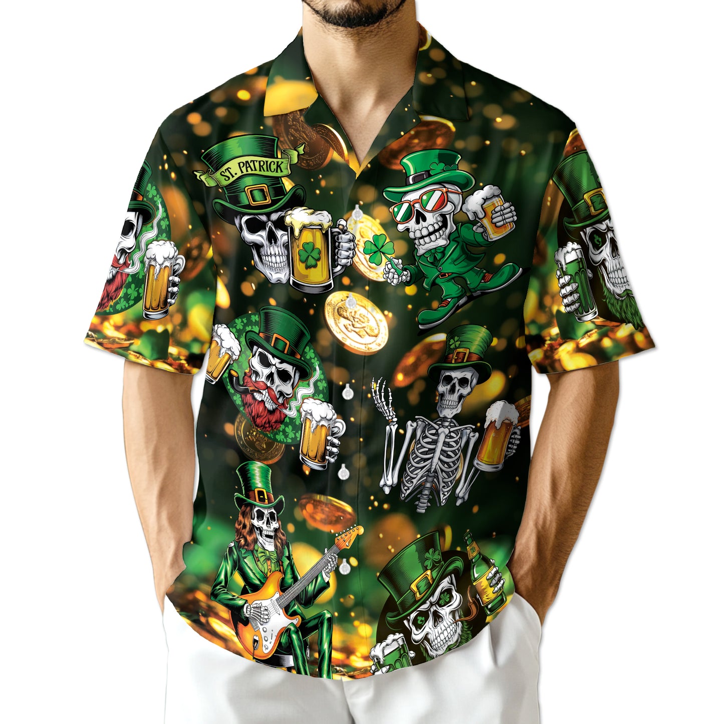 Netecom St Patrick's Day Skull Beer Hawaiian Shirt for Men Women, Button Down Summer Beach Short Sleeve Shirts