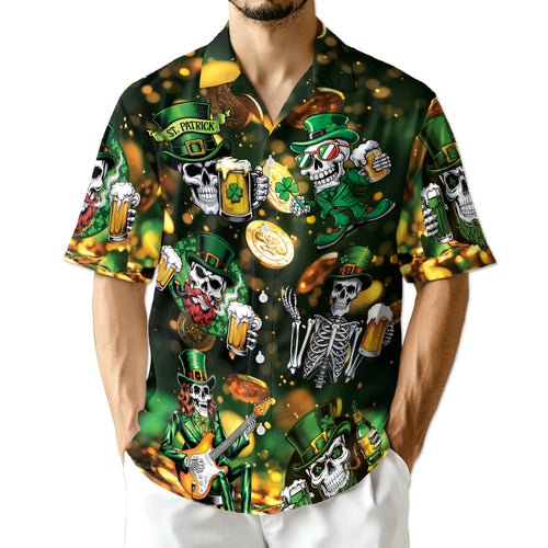 Netecom St Patrick's Day Skull Beer Hawaiian Shirt for Men Women, Button Down Summer Beach Short Sleeve Shirts