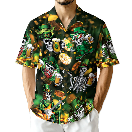 Netecom St Patrick's Day Skull Beer Hawaiian Shirt for Men Women, Button Down Summer Beach Short Sleeve Shirts