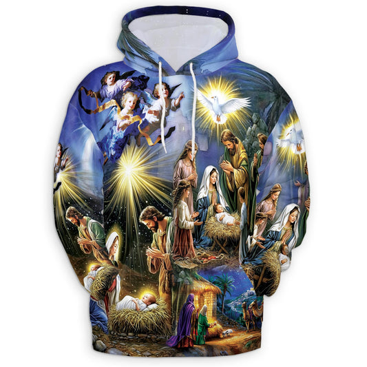Netecom Nativity Scene Print Hoodie with Front Pocket, All Over Vintage Vintage Christmas Graphic Sweatshirt Unisex Casual