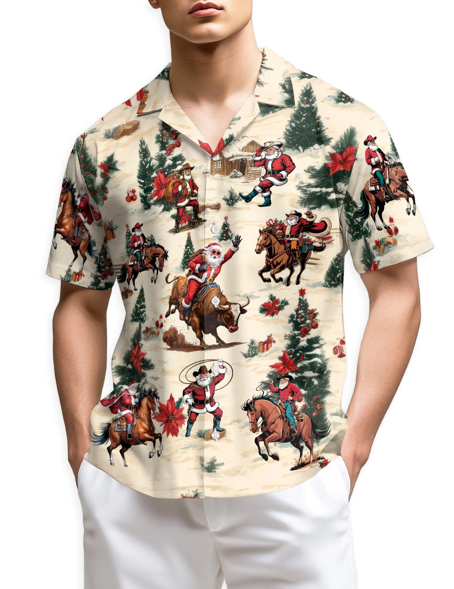 Netecom Cowboy Santa Claus Hawaiian Shirt for Men, Western Rodeo Christmas Button Down Summer Beach Short Sleeve Shirts, S-5XL