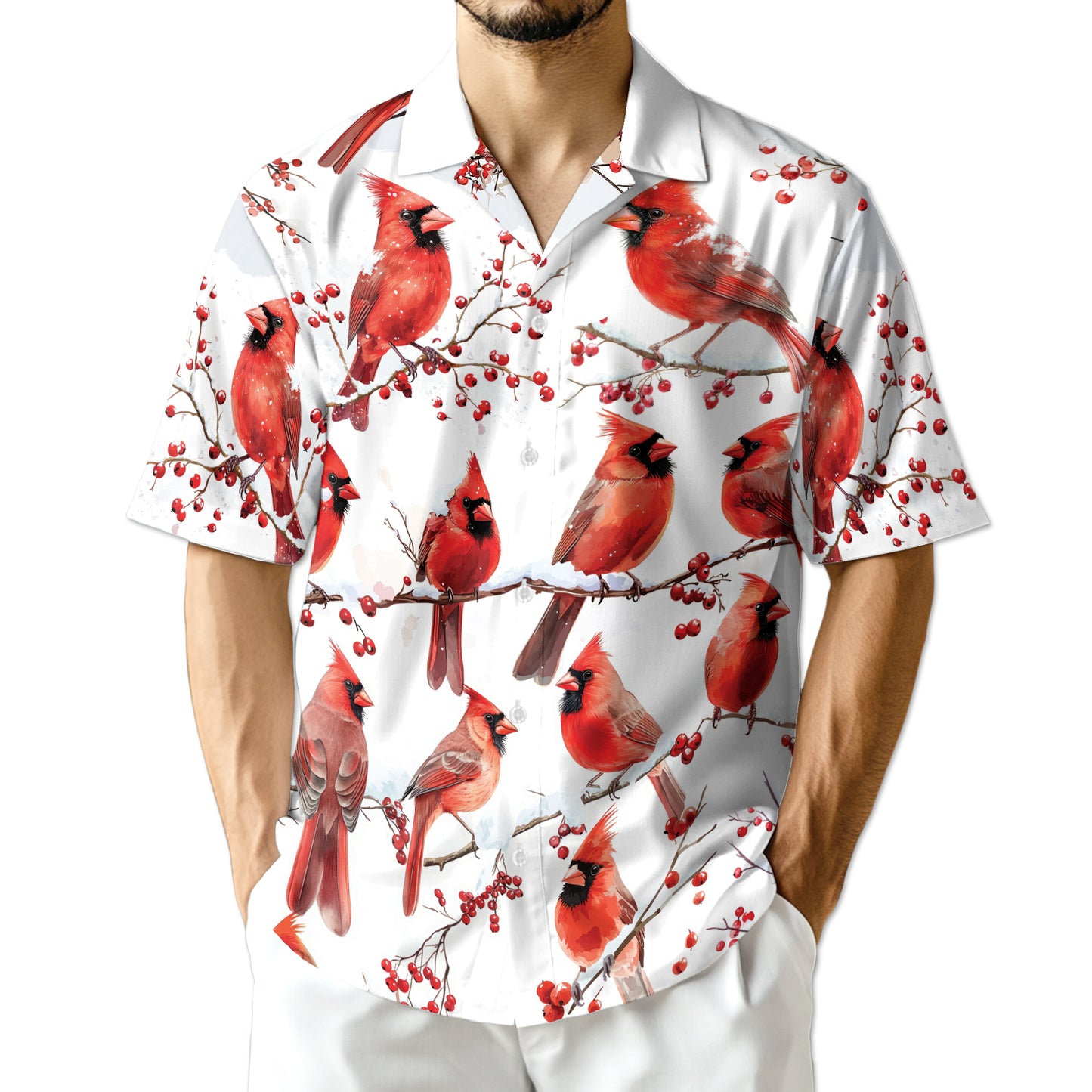 Netecom Snow Cardinal Hawaiian Shirt for Men, Bird Lover Gifts, Animal Button Down Summer Beach Short Sleeve Shirts