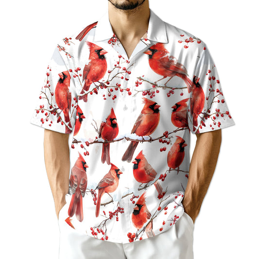 Netecom Snow Cardinal Hawaiian Shirt for Men, Bird Lover Gifts, Animal Button Down Summer Beach Short Sleeve Shirts