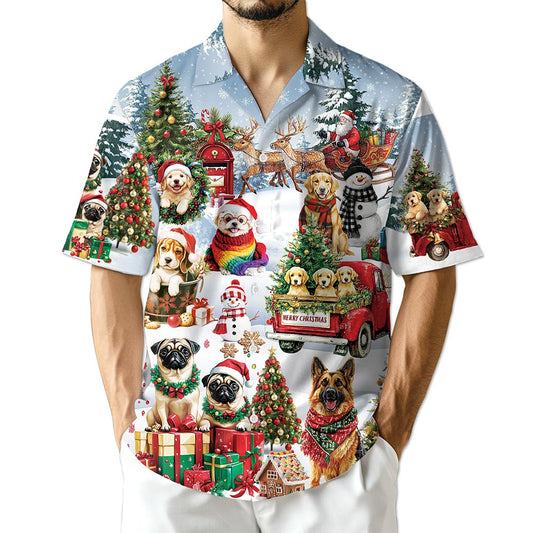 Netecom Christmas Dogs Hawaiian Shirt for Men Women, Cute Pet Holiday Print Button Down Summer Beach Shirt, S-5XL
