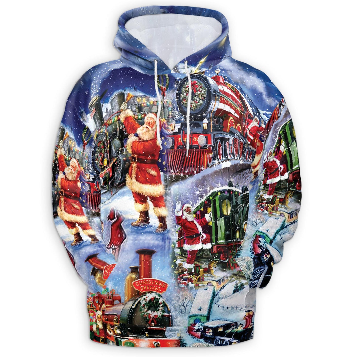 Netecom Santa Claus Christmas Train 3D Hoodie with Front Pocket, Unisex Casual All Over Graphic Sweatshirt